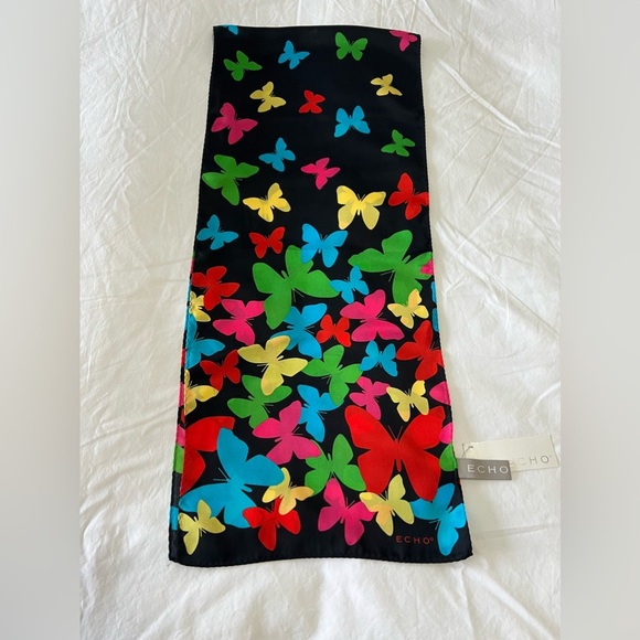 EchoButterflies Silk ScarfBlack Vibrant Yellow Blue RedNWT
